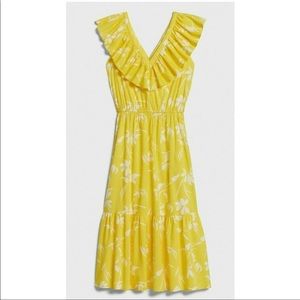 Banana Republic yellow and white petite v neck ruffle dress size Small Petite